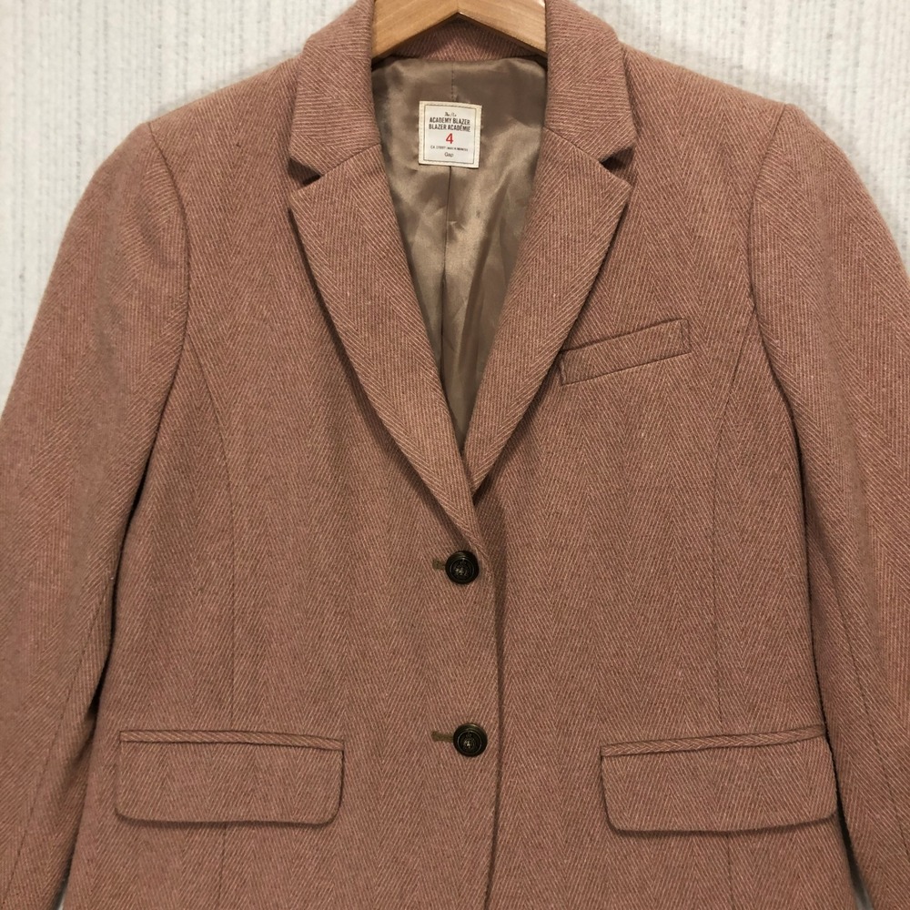 Gap Academy Blazer Womens 4 Pink‎ Herringbone Wool Blend Elbow Patches CA17897